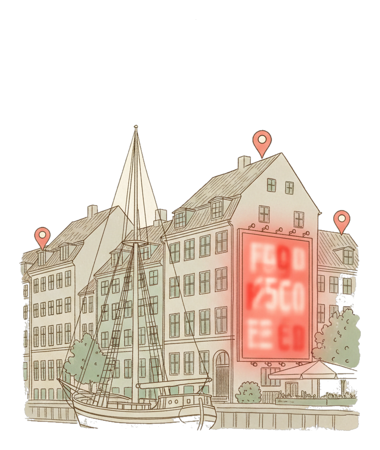 Illustrated Copenhagen landmark with glowing coral Blindspot DOOH advertising screens