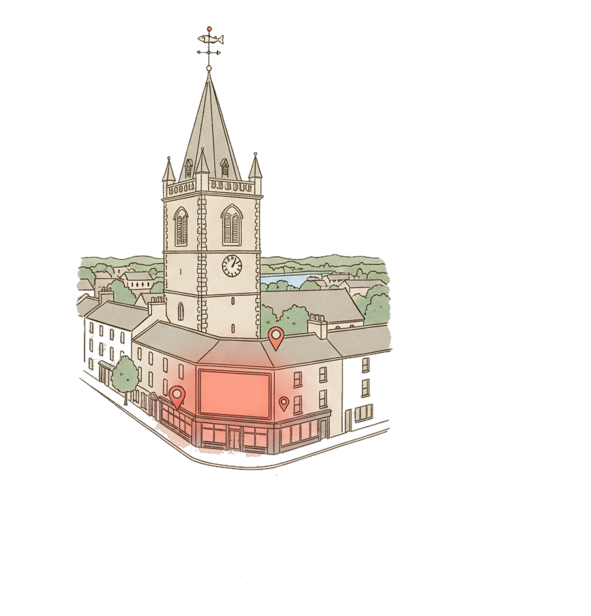 Illustrated Cork landmark with glowing coral Blindspot DOOH advertising screens