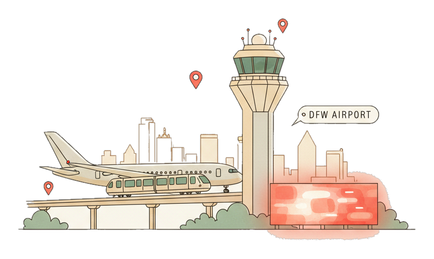 Illustrated Dallas Fort Worth landmark with glowing coral Blindspot DOOH advertising screens