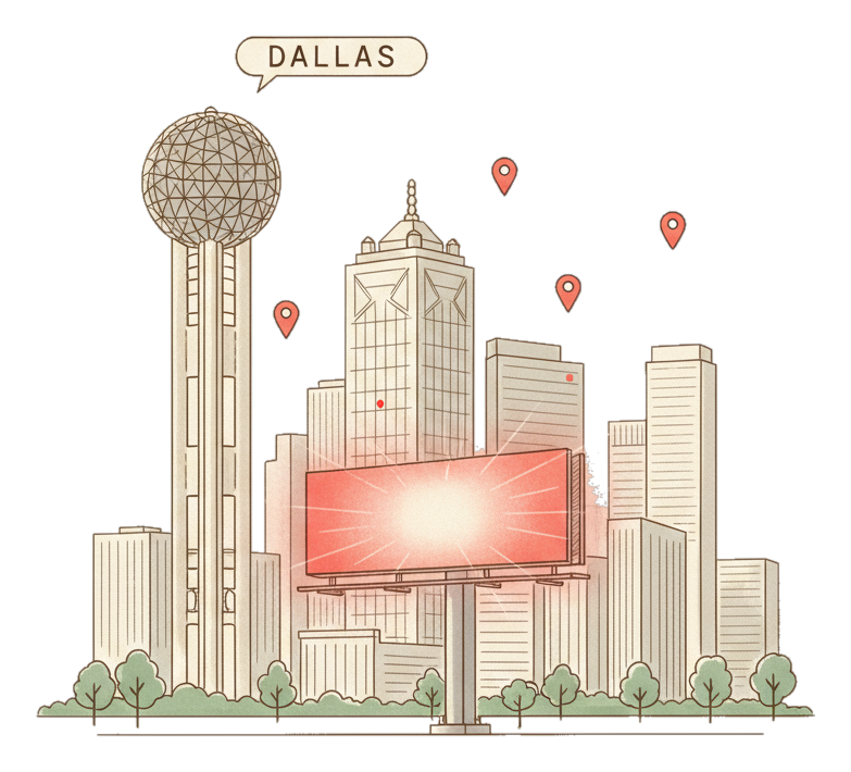 Illustrated Dallas's Reunion Tower and downtown skyline with glowing coral Blindspot DOOH advertising screens