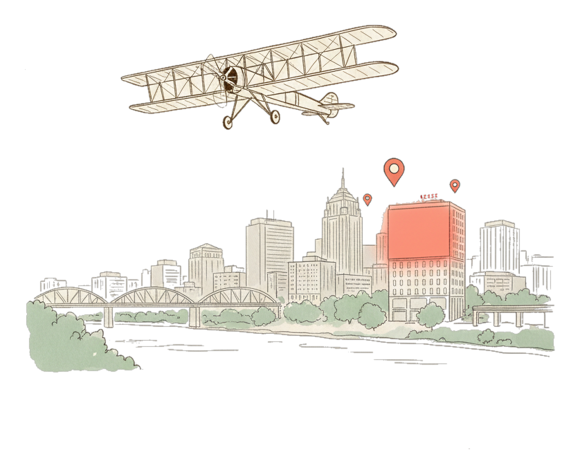 Illustrated Dayton landmark with glowing coral Blindspot DOOH advertising screens