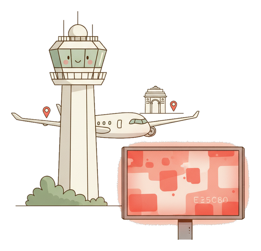 Illustrated Delhi Airport landmark with glowing coral Blindspot DOOH advertising screens