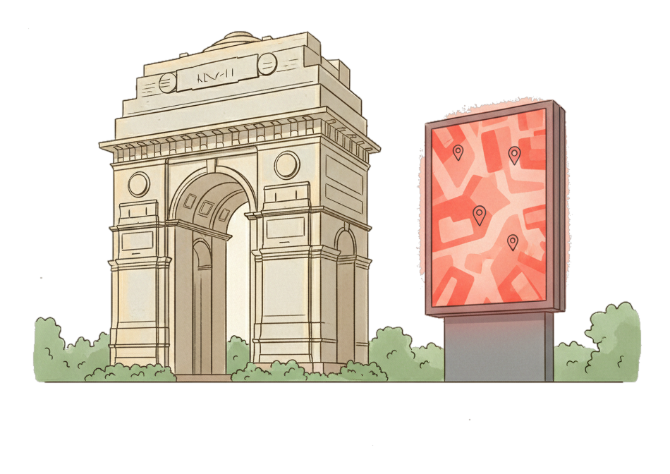 Illustrated Delhi landmark with glowing coral Blindspot DOOH advertising screens