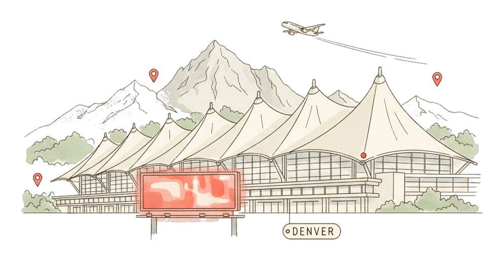 Illustrated Denver Airport landmark with glowing coral Blindspot DOOH advertising screens