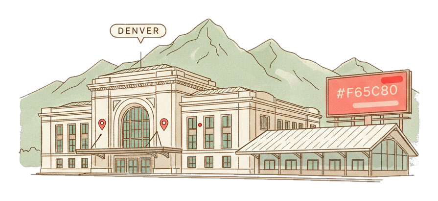 Illustrated Denver landmark with glowing coral Blindspot DOOH advertising screens