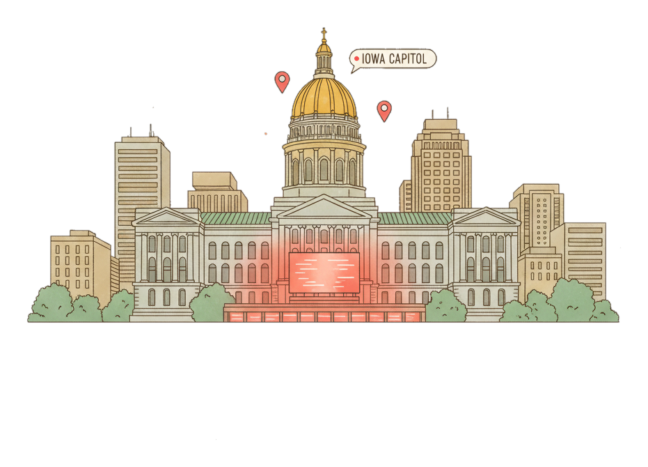 Illustrated Des Moines landmark with glowing coral Blindspot DOOH advertising screens