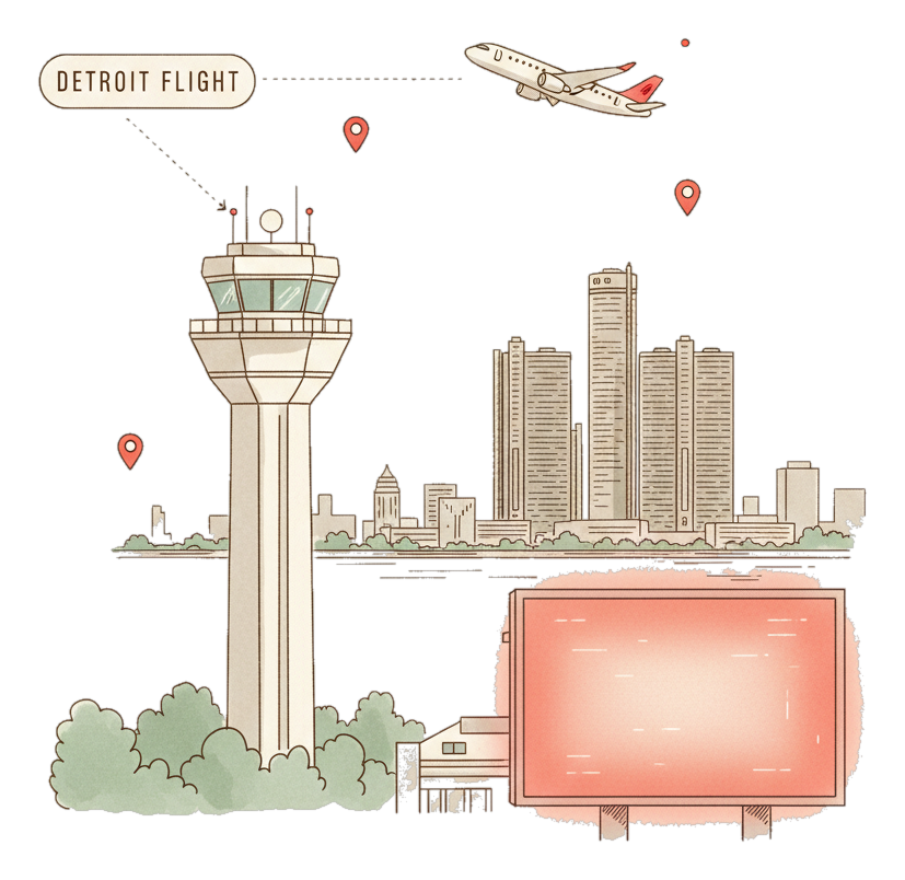Illustrated Detroit Metropolitan Wayne County Airport landmark with glowing coral Blindspot DOOH advertising screens
