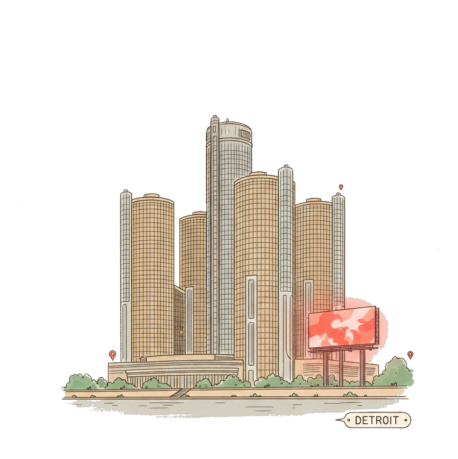 Illustrated Detroit landmark with glowing coral Blindspot DOOH advertising screens