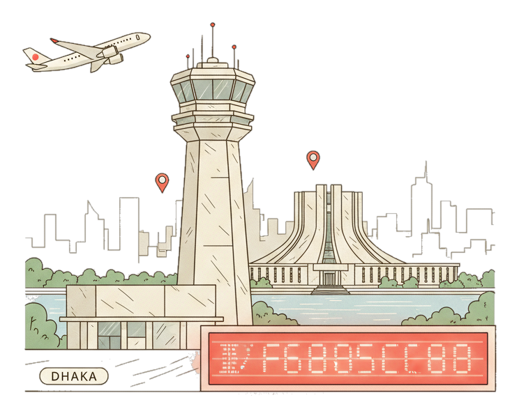 Illustrated Hazrat Shahjalal International Airport landmark with glowing coral Blindspot DOOH advertising screens