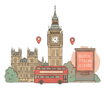 Illustrated digital-billboards-in-london landmark with glowing coral Blindspot DOOH advertising screens