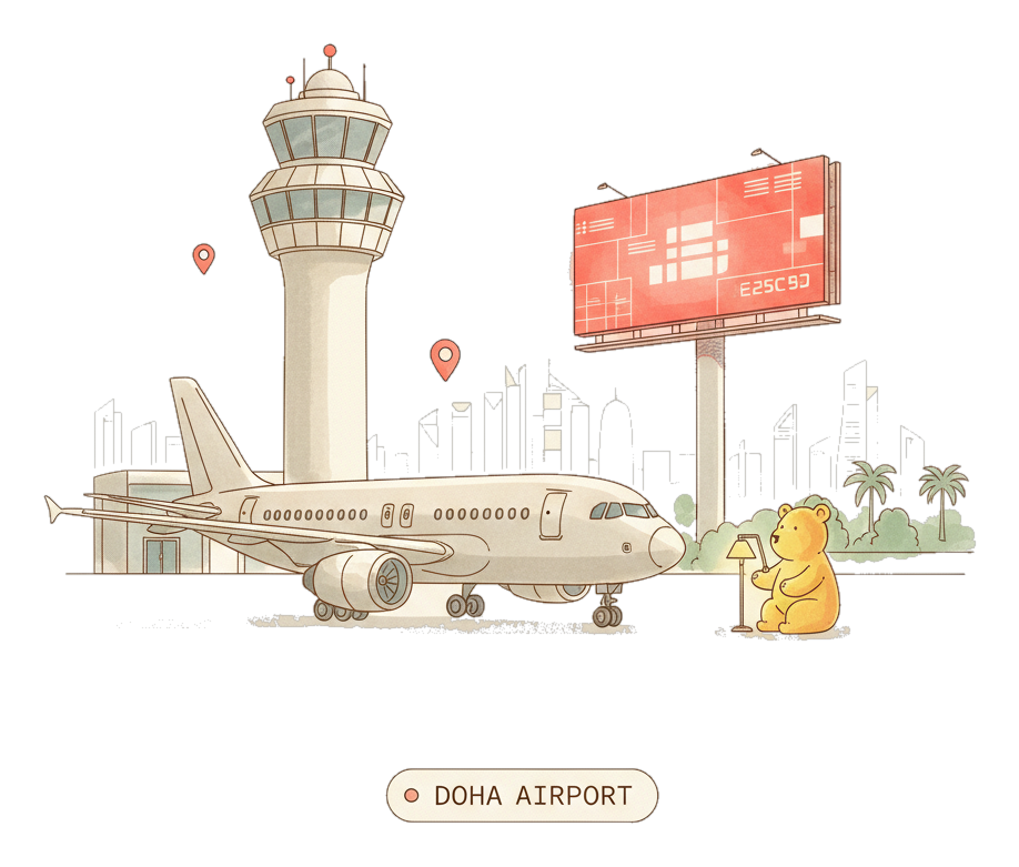 Illustrated Doha Hamad Airport landmark with glowing coral Blindspot DOOH advertising screens