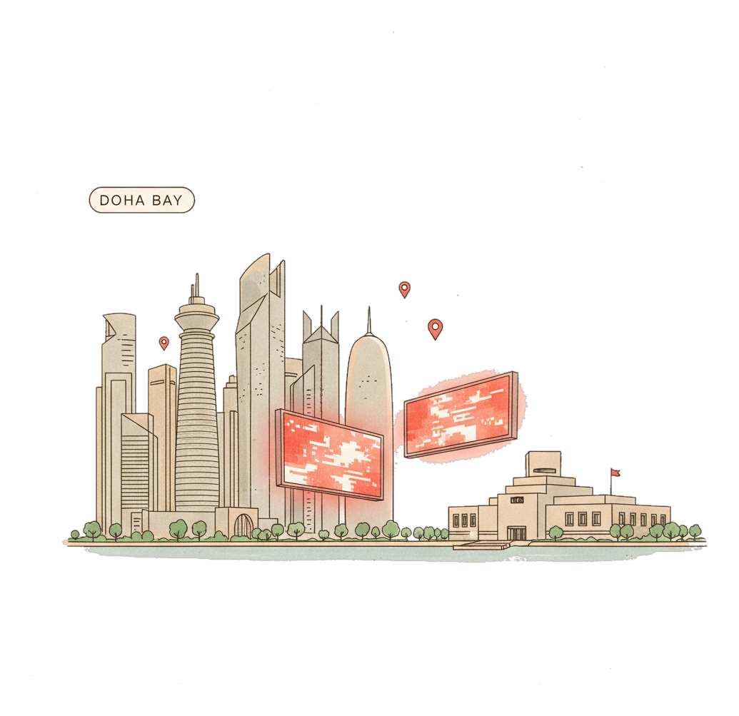 Illustrated Doha landmark with glowing coral Blindspot DOOH advertising screens