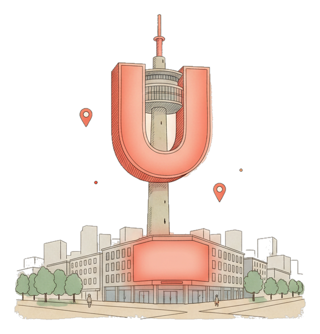 Illustrated Dortmund landmark with glowing coral Blindspot DOOH advertising screens
