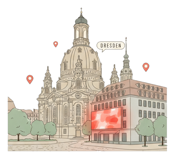 Illustrated Dresden landmark with glowing coral Blindspot DOOH advertising screens