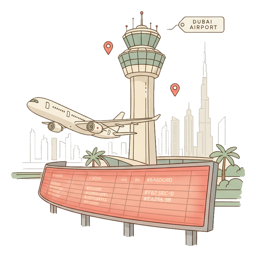 Illustrated Dubai Airport landmark with glowing coral Blindspot DOOH advertising screens