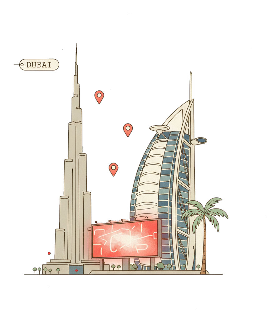 Illustrated Dubai's Burj Khalifa and Burj Al Arab with glowing coral Blindspot DOOH advertising screens