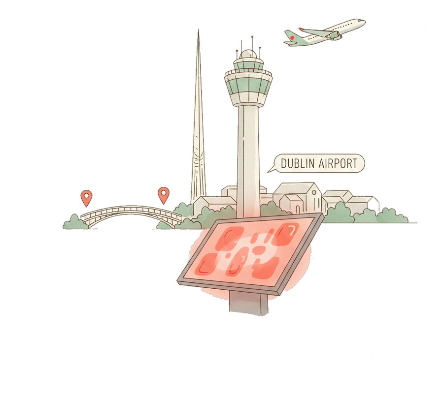 Illustrated Dublin Airport landmark with glowing coral Blindspot DOOH advertising screens