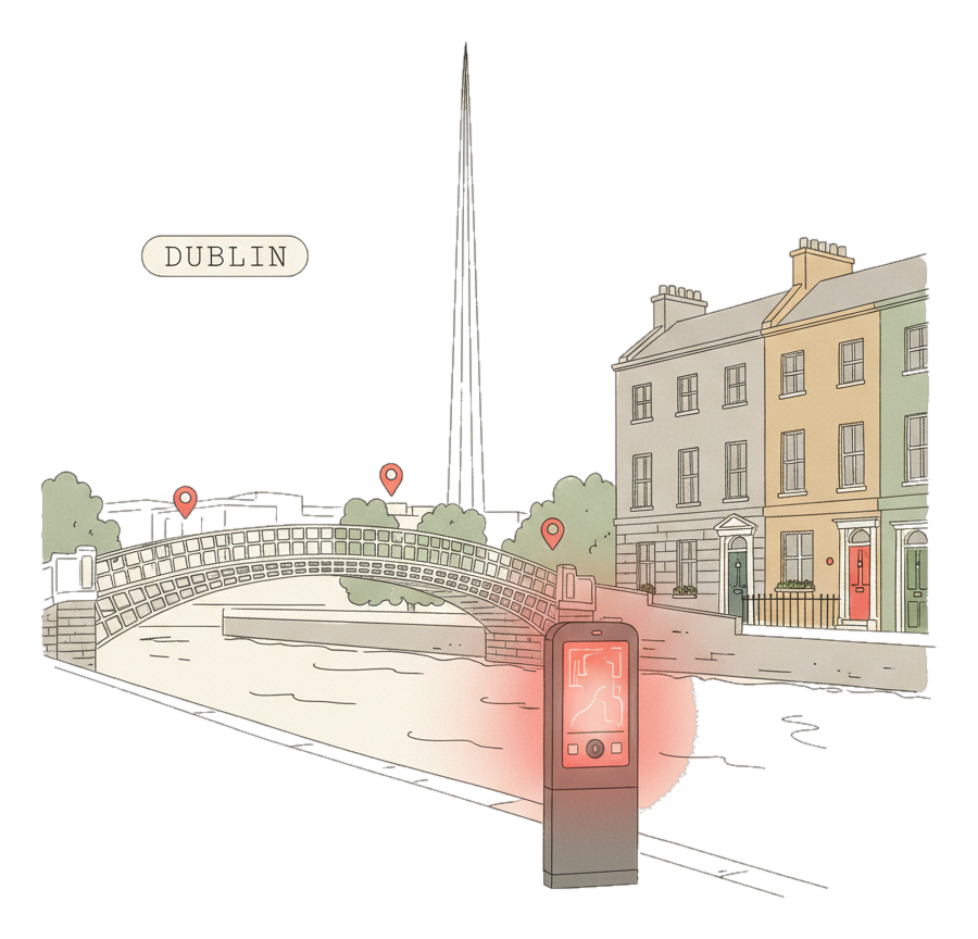 Illustrated Dublin's Ha'penny Bridge and the Spire with glowing coral Blindspot DOOH advertising screens