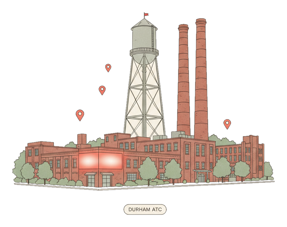 Illustrated Durham landmark with glowing coral Blindspot DOOH advertising screens