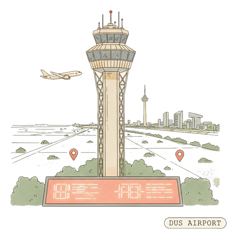 Illustrated Dusseldorf Airport landmark with glowing coral Blindspot DOOH advertising screens