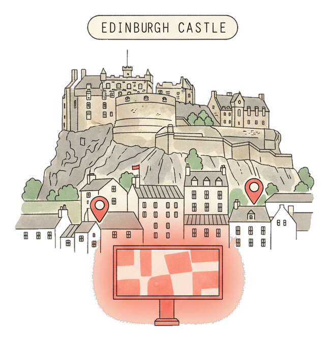 Illustrated Edinburgh landmark with glowing coral Blindspot DOOH advertising screens