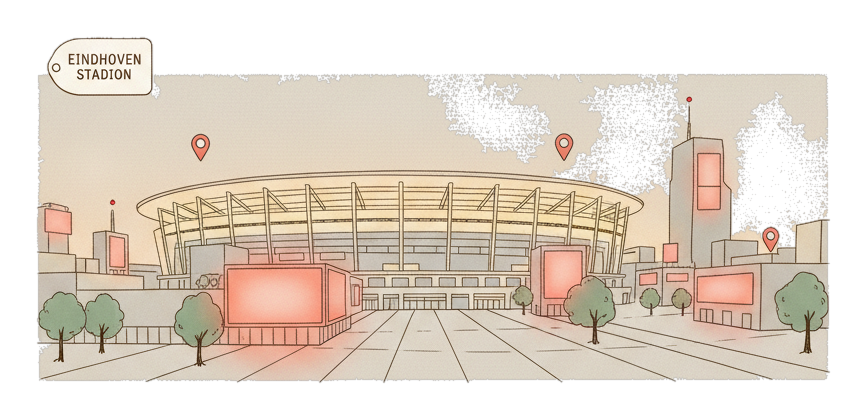 Illustrated Eindhoven landmark with glowing coral Blindspot DOOH advertising screens