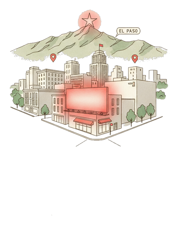 Illustrated El Paso landmark with glowing coral Blindspot DOOH advertising screens
