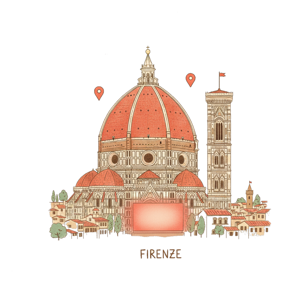 Illustrated Florence landmark with glowing coral Blindspot DOOH advertising screens