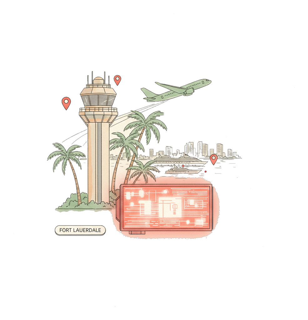 Illustrated Fort Lauderdale-Hollywood International Airport landmark with glowing coral Blindspot DOOH advertising screens