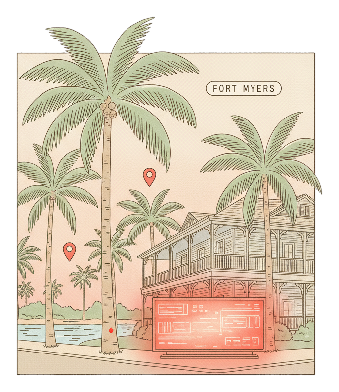 Illustrated Fort Myers landmark with glowing coral Blindspot DOOH advertising screens