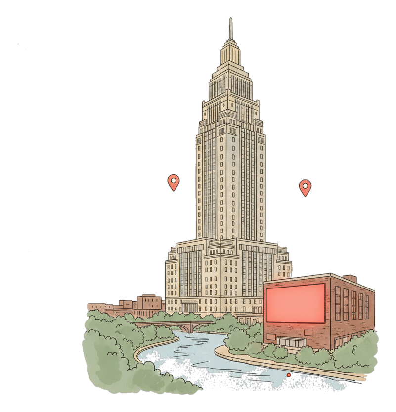 Illustrated Fort Wayne landmark with glowing coral Blindspot DOOH advertising screens