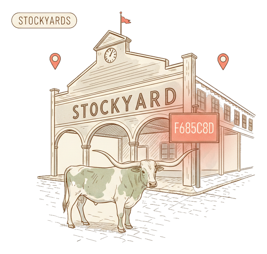 Illustrated Fort Worth landmark with glowing coral Blindspot DOOH advertising screens
