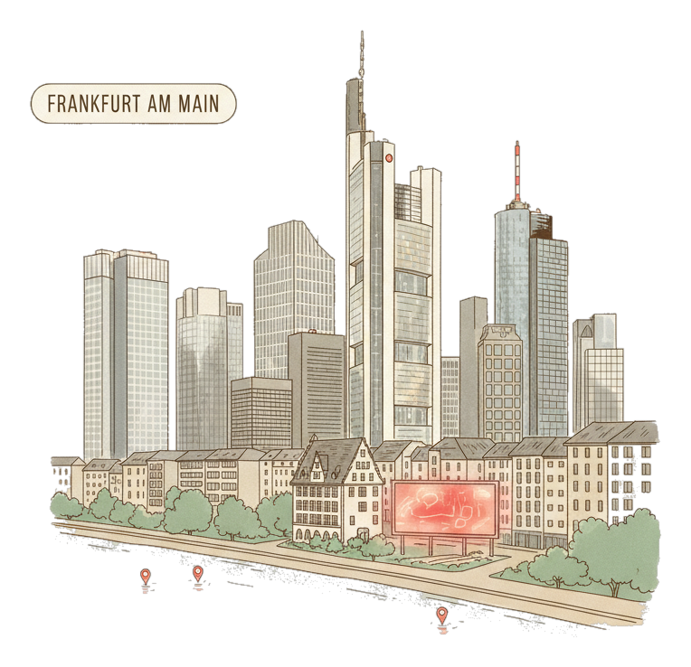 Illustrated Frankfurt landmark with glowing coral Blindspot DOOH advertising screens