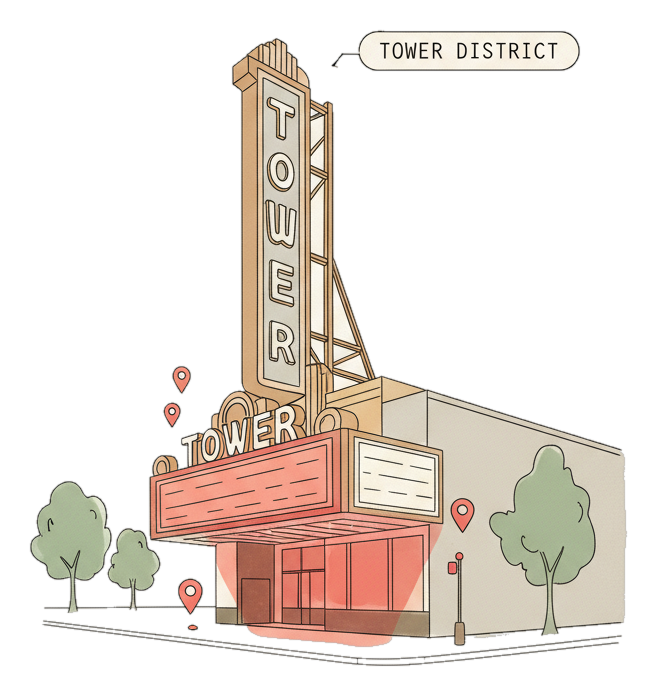Illustrated Fresno landmark with glowing coral Blindspot DOOH advertising screens