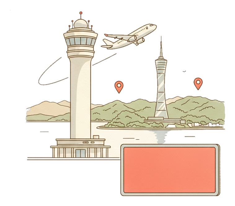 Illustrated Fukuoka Airport landmark with glowing coral Blindspot DOOH advertising screens