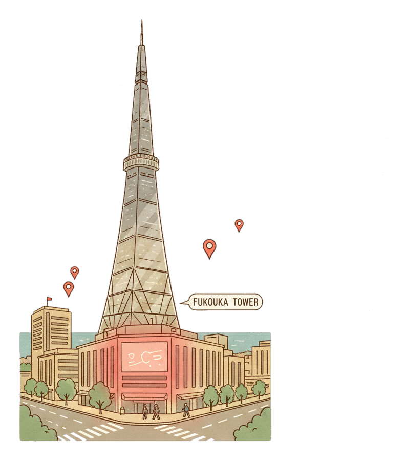 Illustrated Fukuoka landmark with glowing coral Blindspot DOOH advertising screens