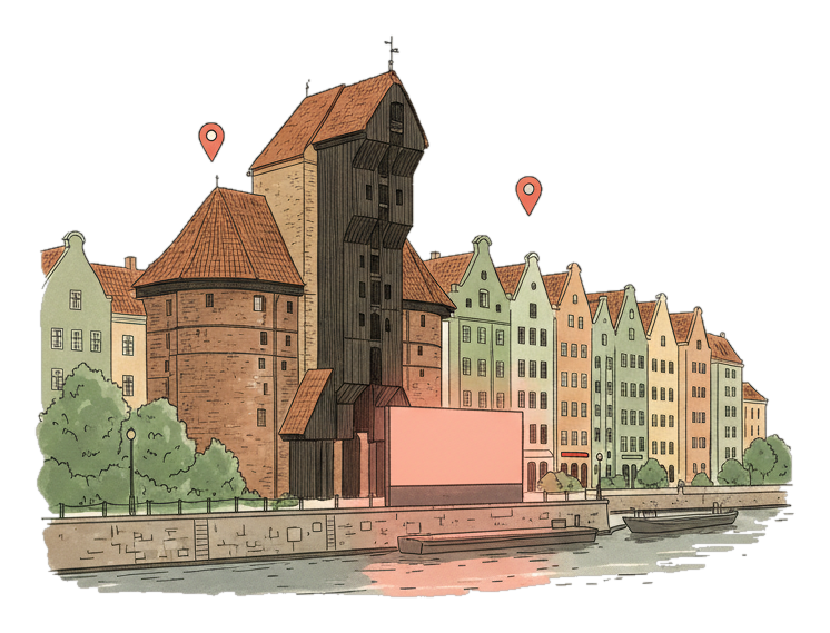 Illustrated Gdansk landmark with glowing coral Blindspot DOOH advertising screens