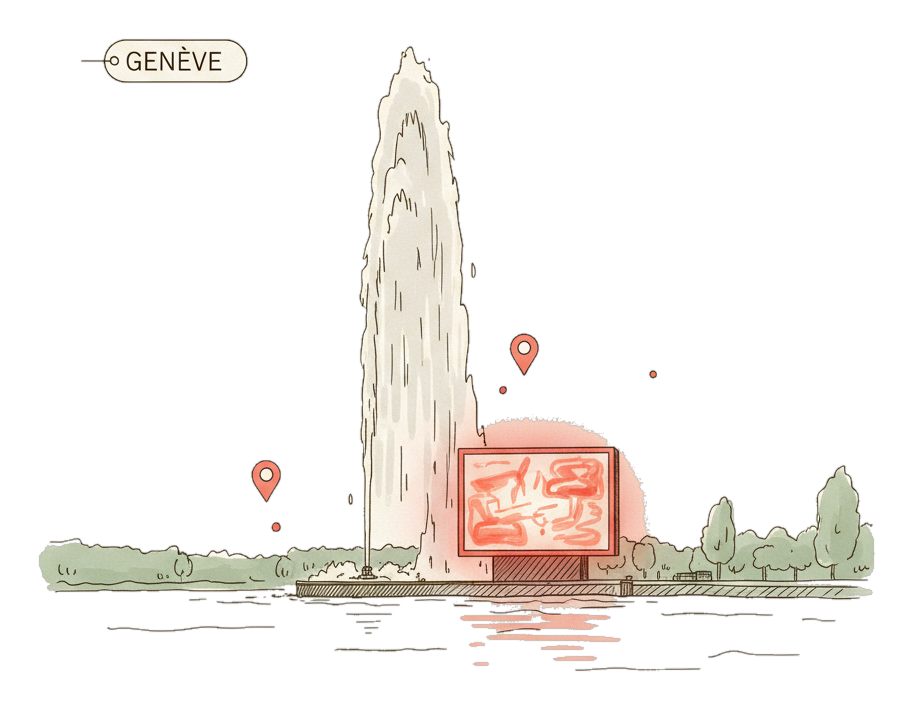 Illustrated Geneva landmark with glowing coral Blindspot DOOH advertising screens