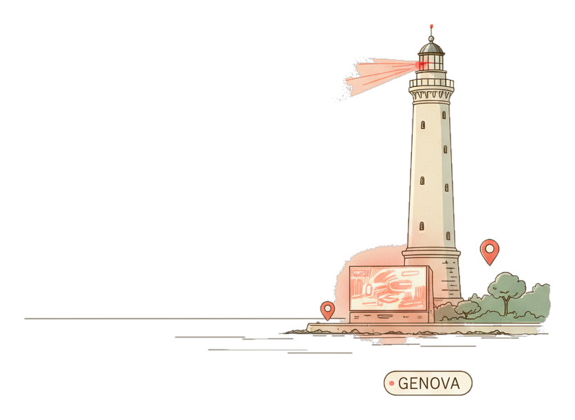 Illustrated Genoa landmark with glowing coral Blindspot DOOH advertising screens