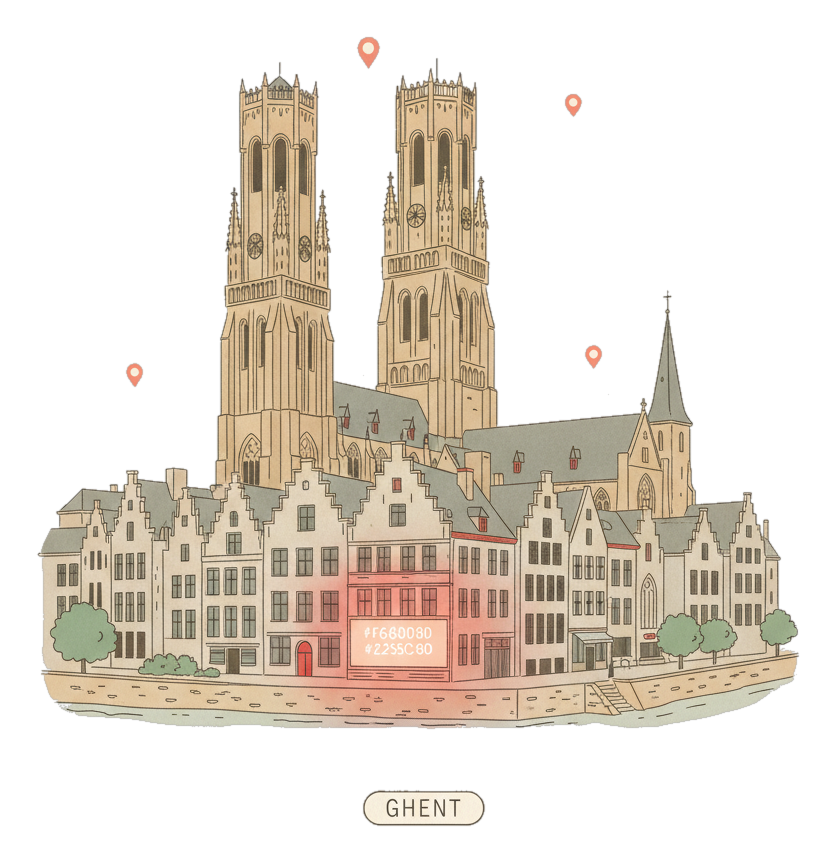 Illustrated Ghent landmark with glowing coral Blindspot DOOH advertising screens