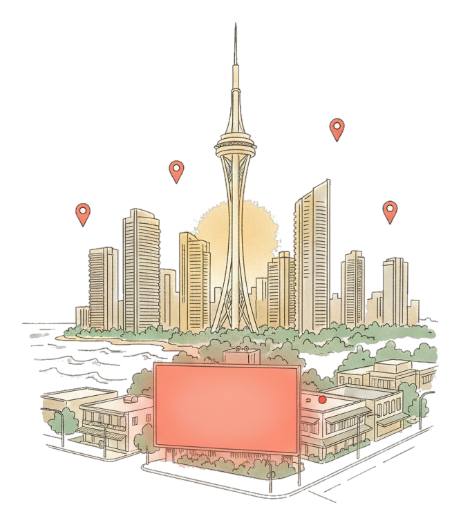 Illustrated Gold Coast landmark with glowing coral Blindspot DOOH advertising screens