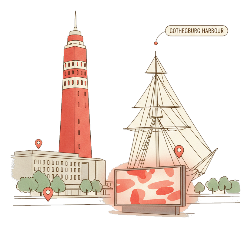 Illustrated Gothenburg landmark with glowing coral Blindspot DOOH advertising screens