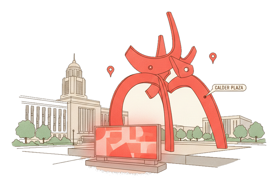Illustrated Grand Rapids landmark with glowing coral Blindspot DOOH advertising screens