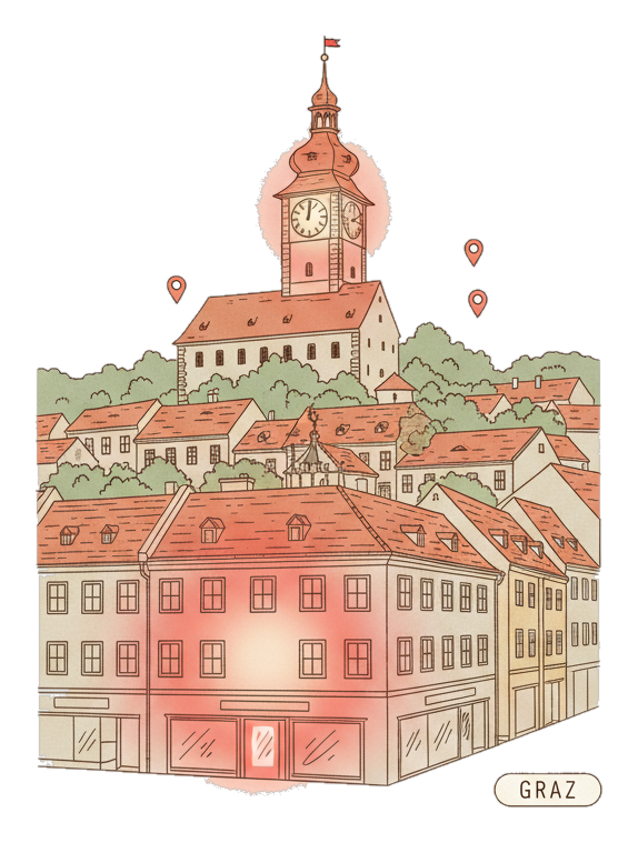 Illustrated Graz landmark with glowing coral Blindspot DOOH advertising screens