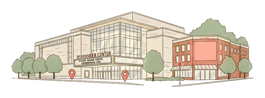 Illustrated Greensboro landmark with glowing coral Blindspot DOOH advertising screens