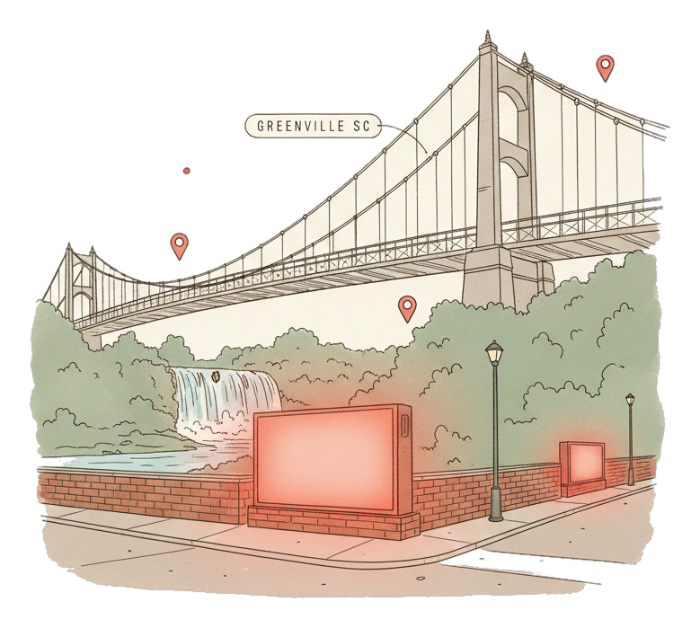 Illustrated Greenville landmark with glowing coral Blindspot DOOH advertising screens