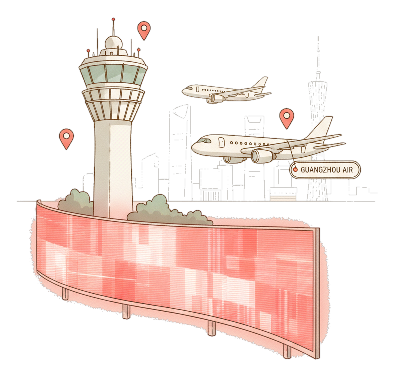 Illustrated Guangzhou Baiyun landmark with glowing coral Blindspot DOOH advertising screens