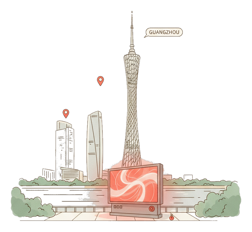 Illustrated Guangzhou landmark with glowing coral Blindspot DOOH advertising screens
