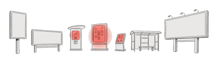 Illustrated row of seven varied advertising screens with one glowing coral