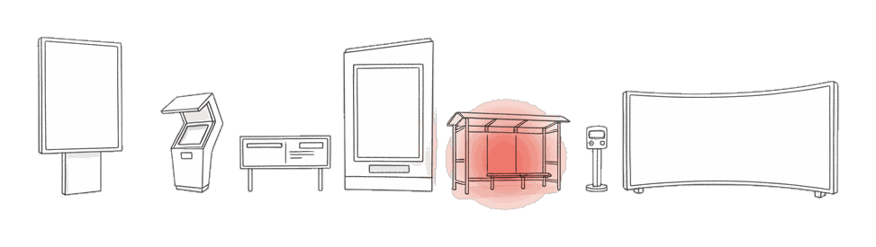 Illustrated lineup of DOOH platform options with glowing coral Blindspot DOOH screens